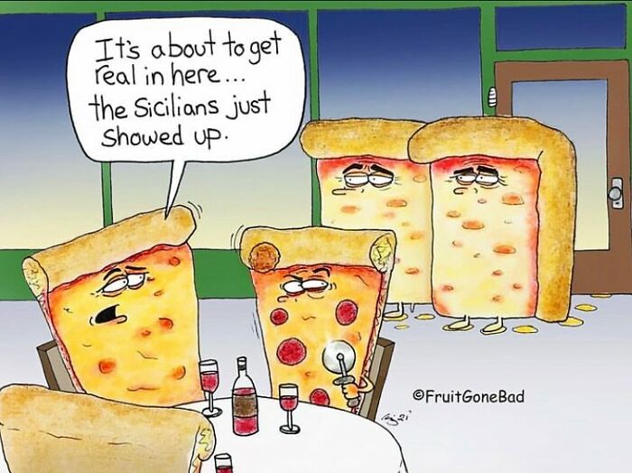 Comic with funny pizza slices chatting at a table while others enter, illustrating humorous art with food characters.