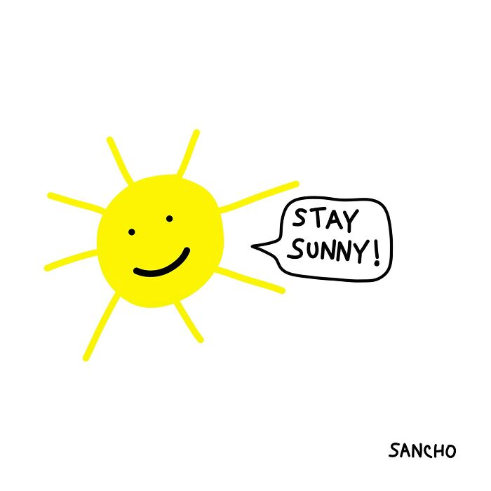 Quirky illustration of a smiling sun with a speech bubble saying "Stay Sunny!" by Gabriel Sancho.