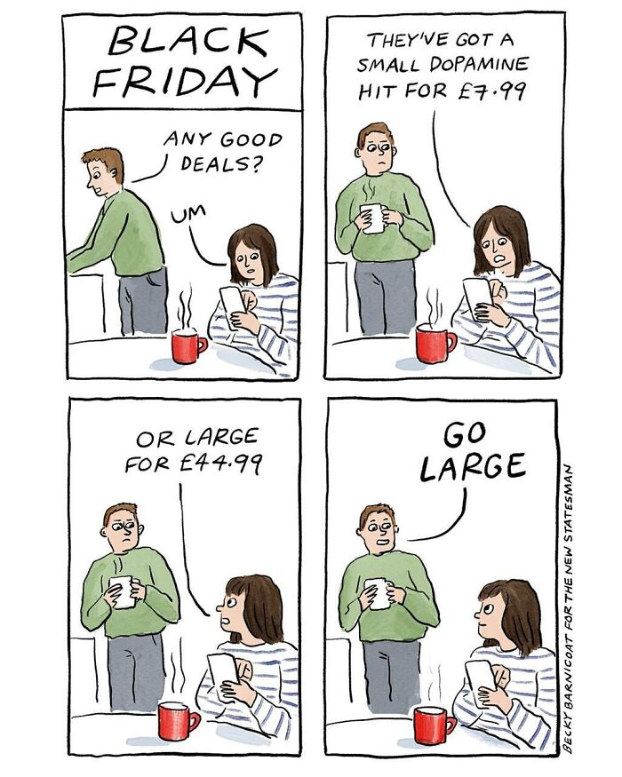 Comic by Becky Barnicoat illustrating a humorous take on Black Friday shopping challenges.