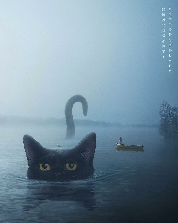 Giant cat in misty lake, with a boat and mysterious tail, imagined by artist Xiang.