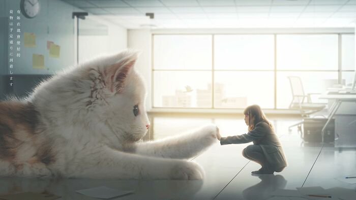 Giant cat in an office setting, gently interacting with a small person.