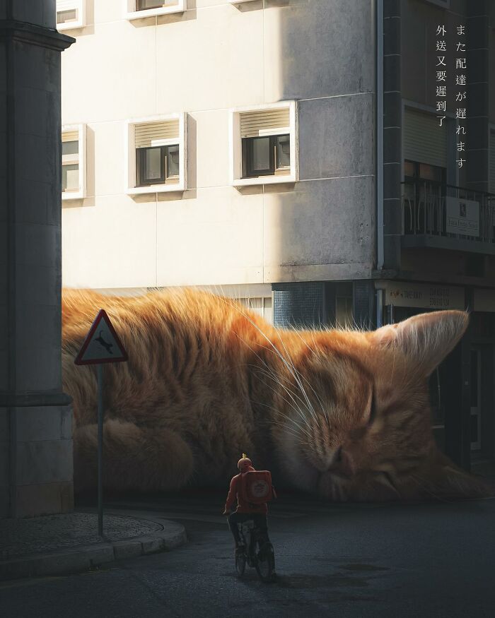 A giant cat sleeping in the street, as a cyclist rides by, illustrating an imaginative world by artist Xiang.