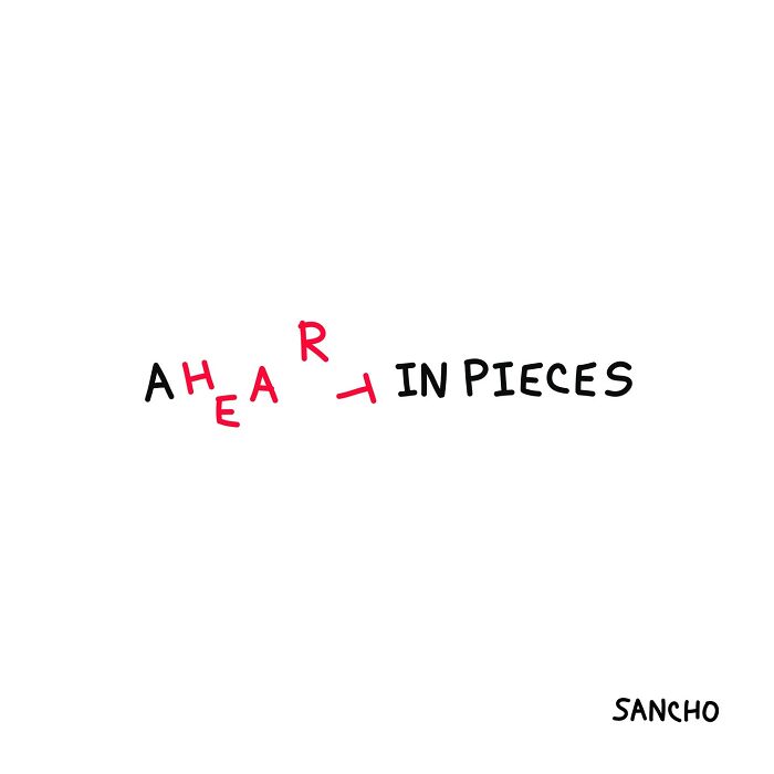 Quirky illustration by Gabriel Sancho showing "A Heart In Pieces" with scattered letters.