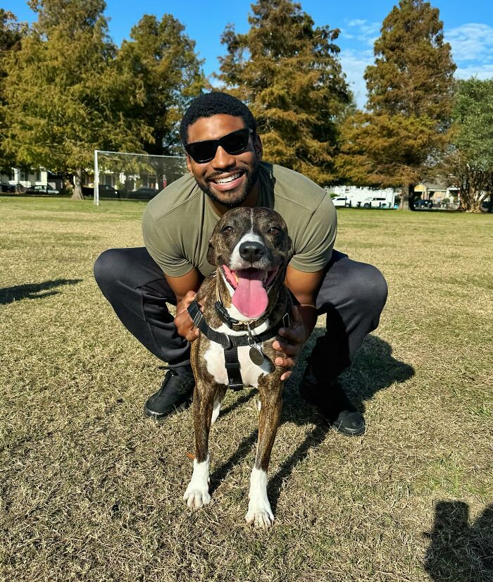 UPS driver with a happy dog during delivery route, both smiling in a sunny park setting.