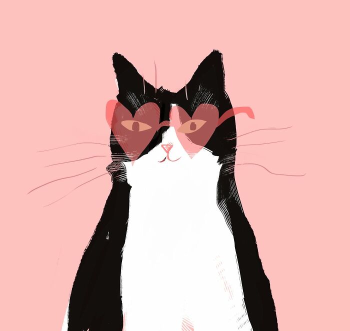 Illustration of a black and white cat wearing heart-shaped glasses on a pink background, perfect for cat lovers.