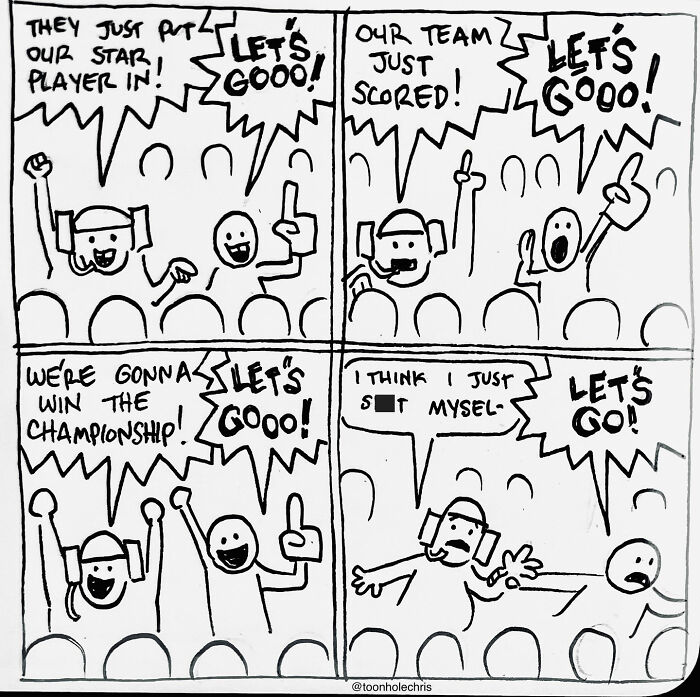 A funny sketchbook comic by Toonhole Chris showing a crowd excited at a sports event.