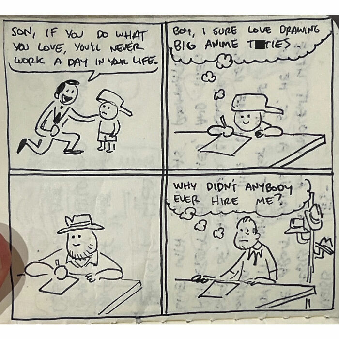 A four-panel sketchbook comic by Toonhole Chris about career advice and unfulfilled dreams.