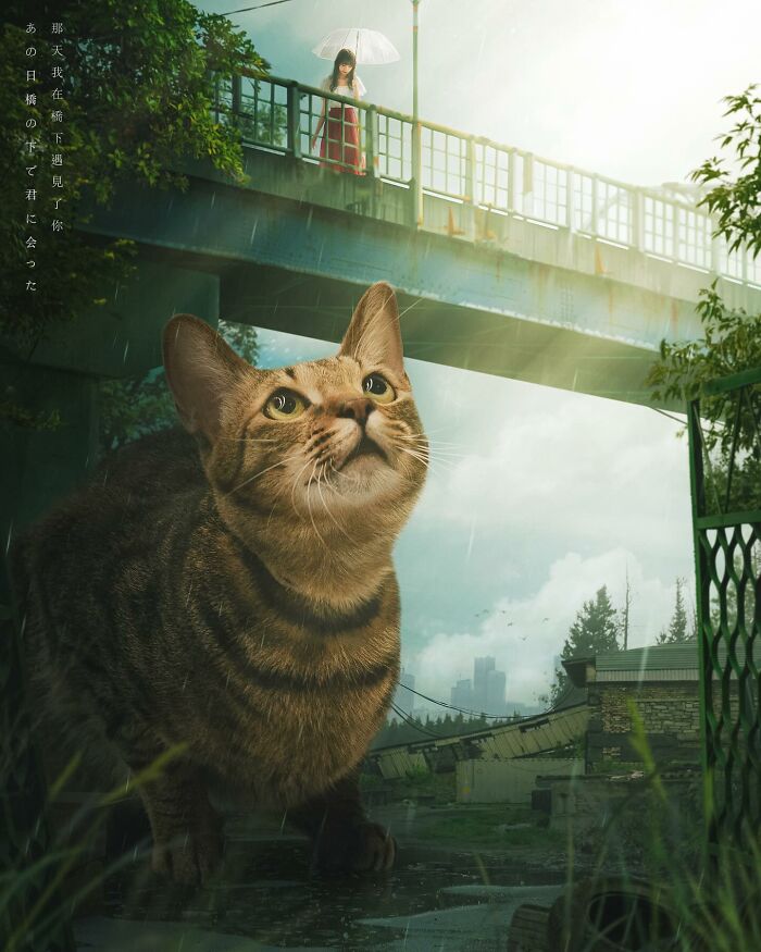 Giant cat beneath a bridge with a woman holding an umbrella, envisioning a fantasy world by artist Xiang.