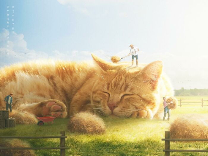 Giant cat sleeping in a field, surrounded by tiny people farming, imagined by artist Xiang.