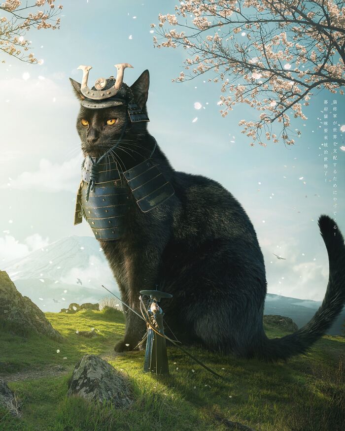 Giant cat in samurai armor standing on grass under cherry blossoms, imagined by artist Xiang.