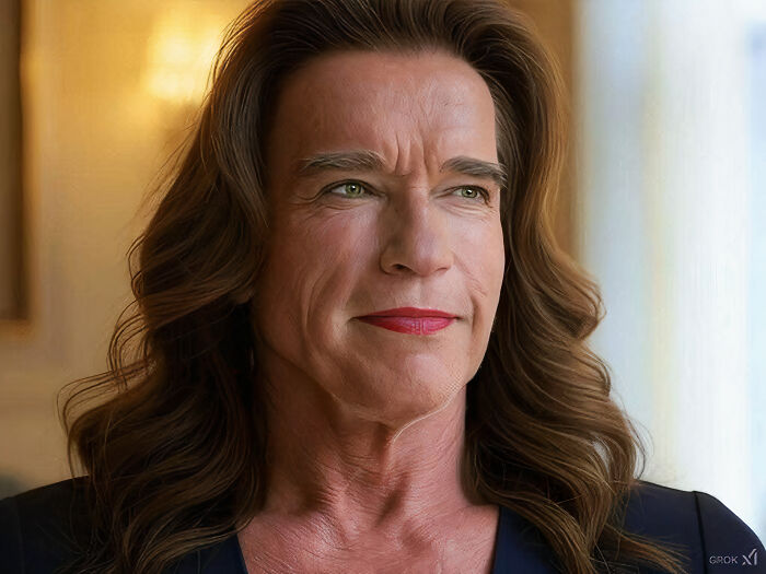 AI-generated image of a famous Hollywood male actor transformed into a woman with long hair and subtle makeup.