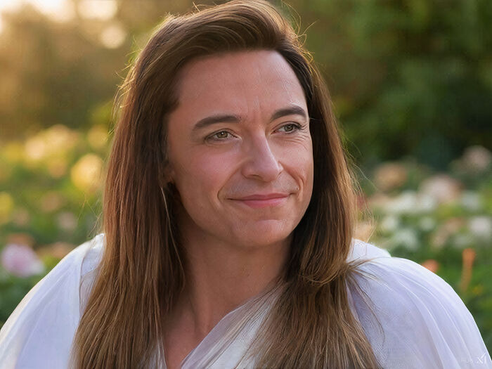 AI-generated image of a famous Hollywood male actor transformed into a woman, with long hair and a serene expression.