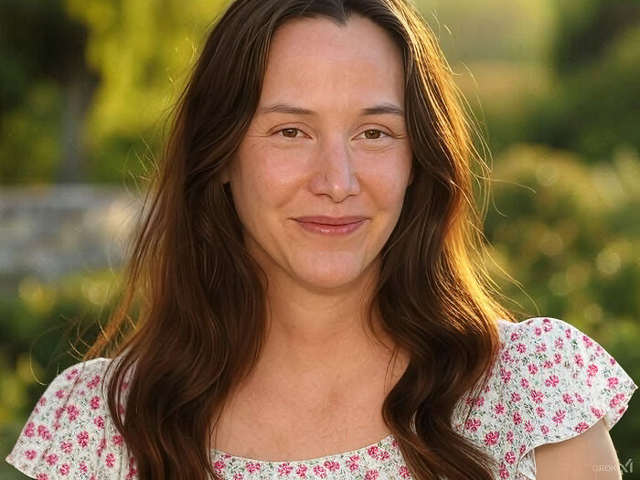 AI-generated image of a famous actor transformed into a woman, smiling outdoors with long hair and a floral dress.