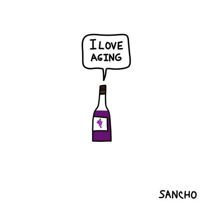 Quirky illustration by Gabriel Sancho of a wine bottle saying "I love aging" with a grape label.