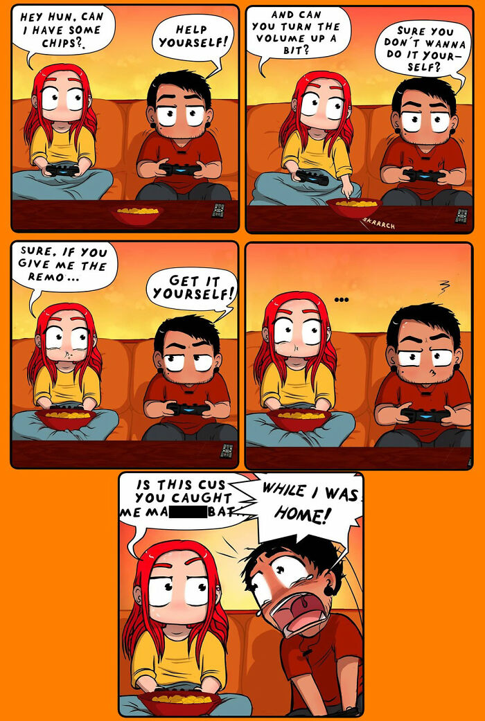 Comic about girl and boyfriend on a couch, bantering over snacks and video game remote.