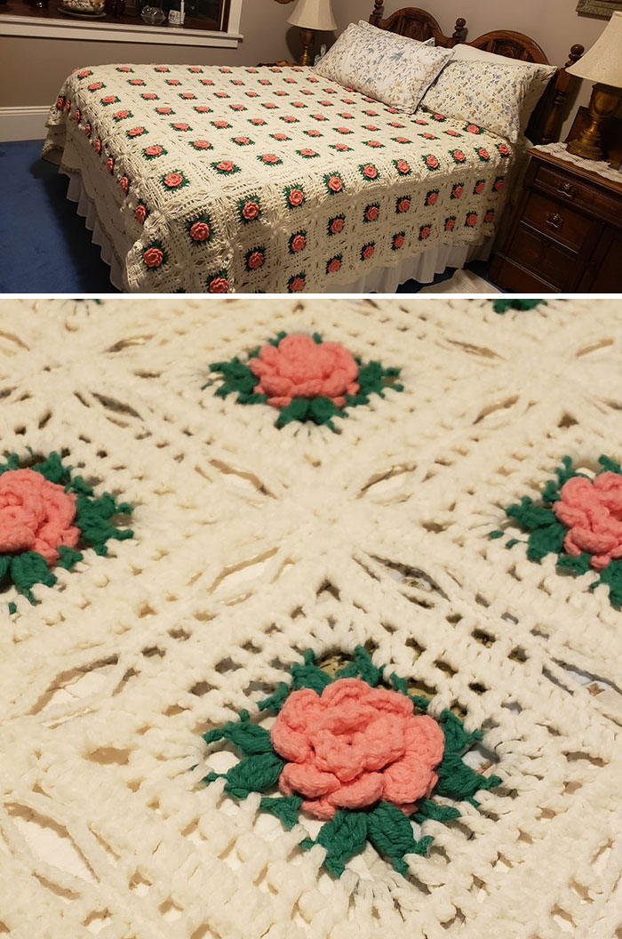 Crocheted bedspread with rose patterns, a wonderful secondhand find showcased in a FB group.