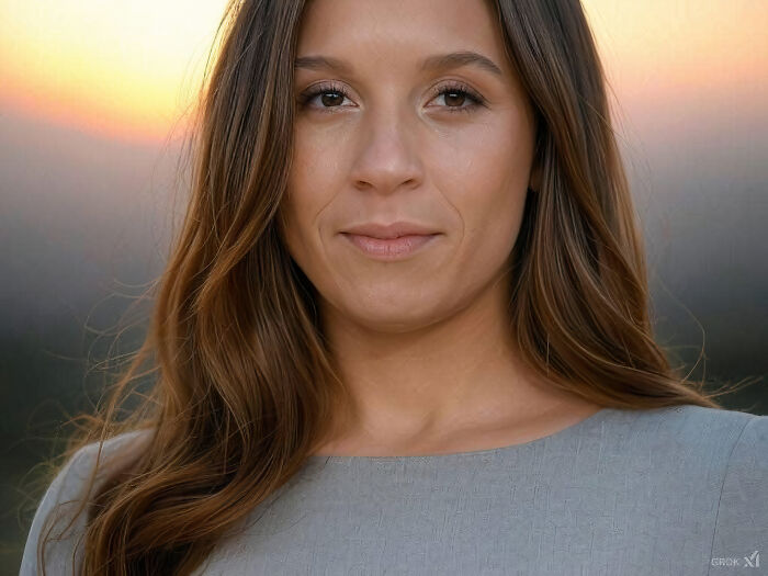 AI-generated image of a Hollywood male actor transformed into a woman, with long hair and a serene expression at sunset.