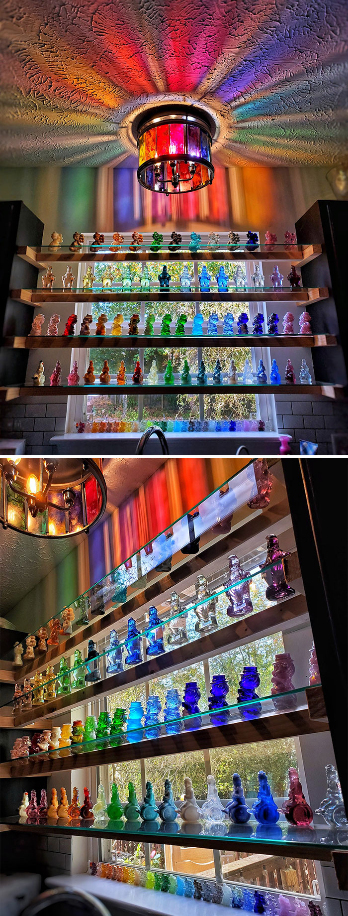 Glass figurines on shelves under a colorful ceiling light; a weird and wonderful secondhand find.