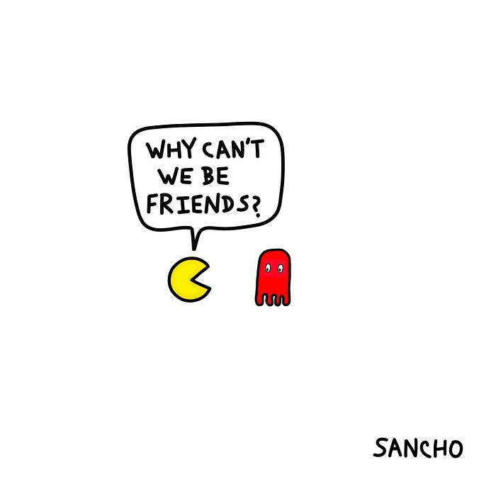 Quirky illustration by Gabriel Sancho featuring a yellow circle character asking a red ghost, "Why can't we be friends?"