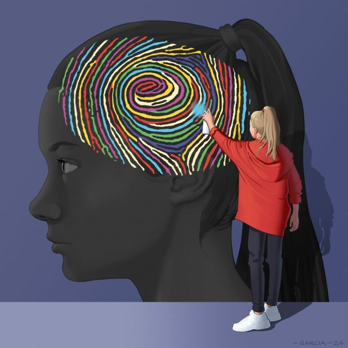 Person in red paints colorful lines on a large side profile silhouette, reflecting on social and human topics.