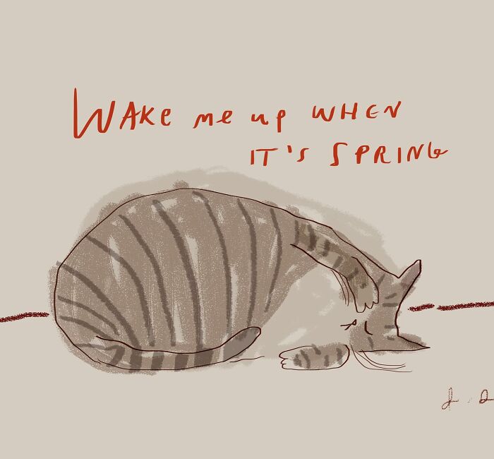 Cozy illustration by Jamie Shelman of a striped cat sleeping with text "Wake me up when it's spring." Perfect for cat lovers.