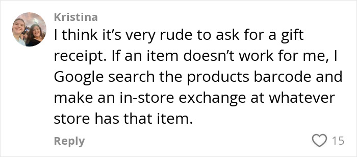 Comment discussing thrifted boots gift and receipt request, mentioning exchanging items using barcode search.