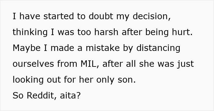 Text expressing doubts about distancing from MIL, questioning decision and looking for advice on Reddit.