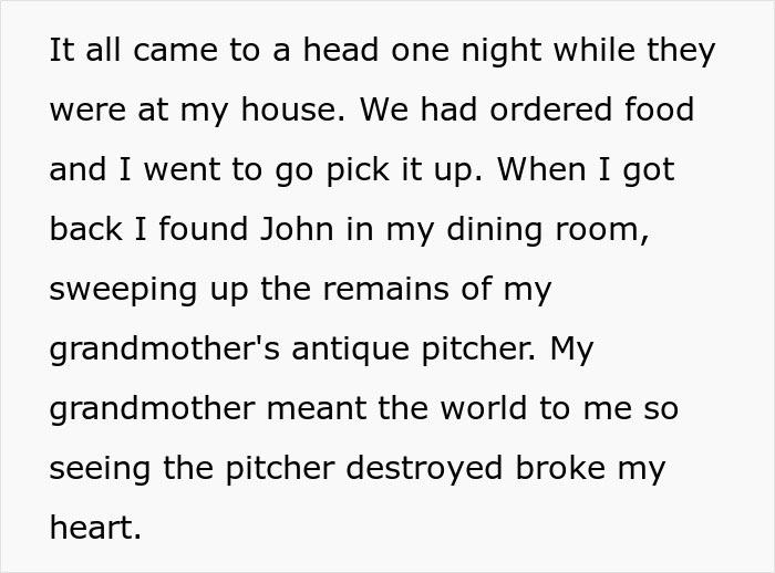 Text describing a situation involving a broken antique pitcher, deeply meaningful to the narrator due to its connection to their grandmother.