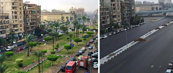 Urban Hell: Two contrasting cityscape images with greenery and stark urban architecture.