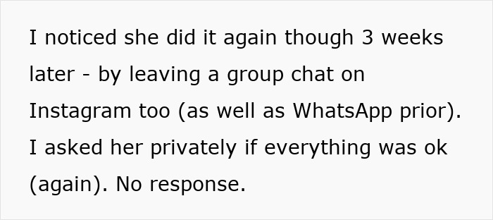 Text conversation about a friend leaving group chats on Instagram and WhatsApp, with no response when asked privately.