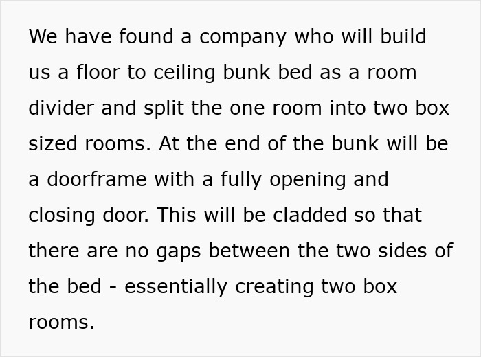 Text discussing using a bunk bed to create two rooms as part of squatters rights family home solution.