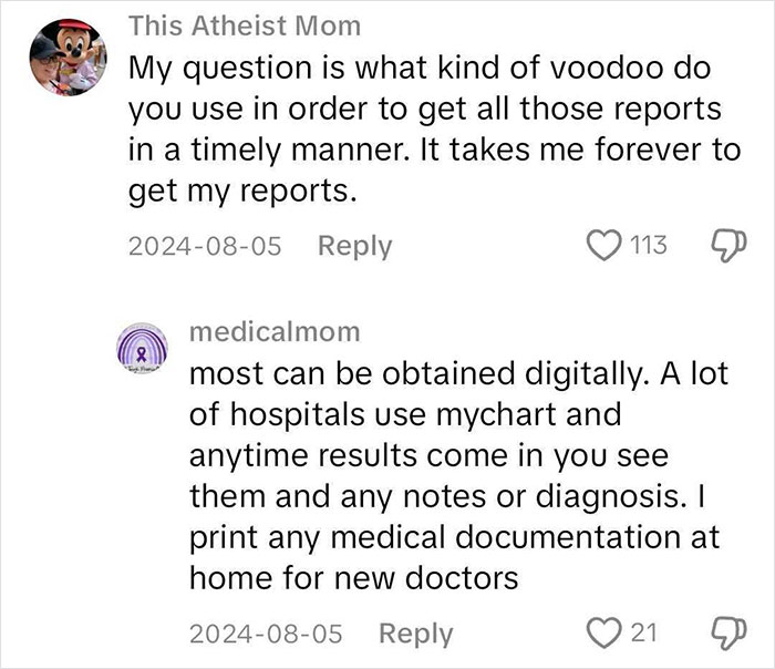 Comments discussing a hack for organizing medical reports for doctor visits.