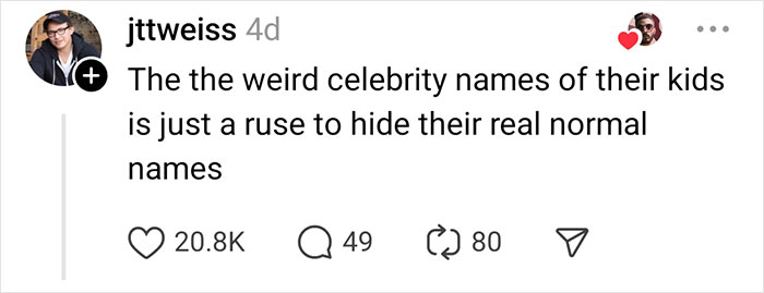 Comment on celebrity rumors, suggesting kids' weird names hide real ones, with engagement stats below.