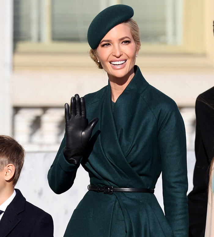 Ivanka Trump in elegant green outfit, wearing a beret and gloves, smiling and waving outdoors.