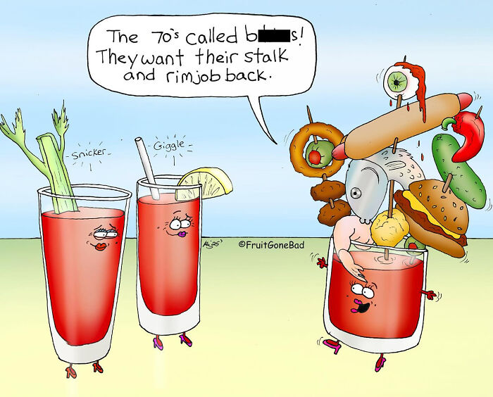 Comic with funny produce characters in cocktails, humorously speaking with food items arranged on top.