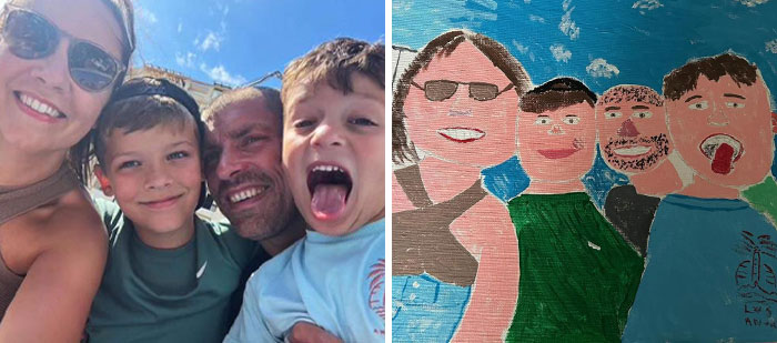 Man’s painting of his family beside their photo, capturing a fun, colorful portrait. Viral painting drawing interest.