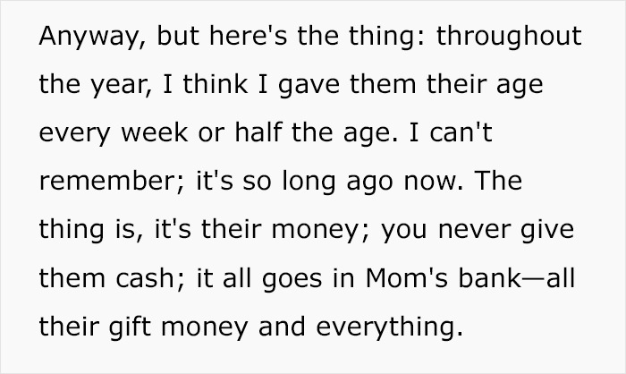 Text about a parent's method of managing children's money instead of paying for chores.