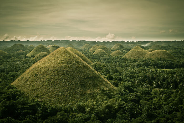 Rolling hills in a lush landscape under a cloudy sky, exemplifying strange natural phenomena.