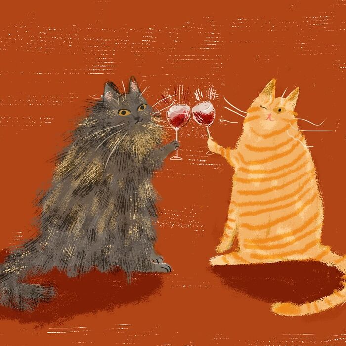 Cats toasting with wine glasses in a cozy illustration by artist Jamie Shelman, perfect for cat lovers.