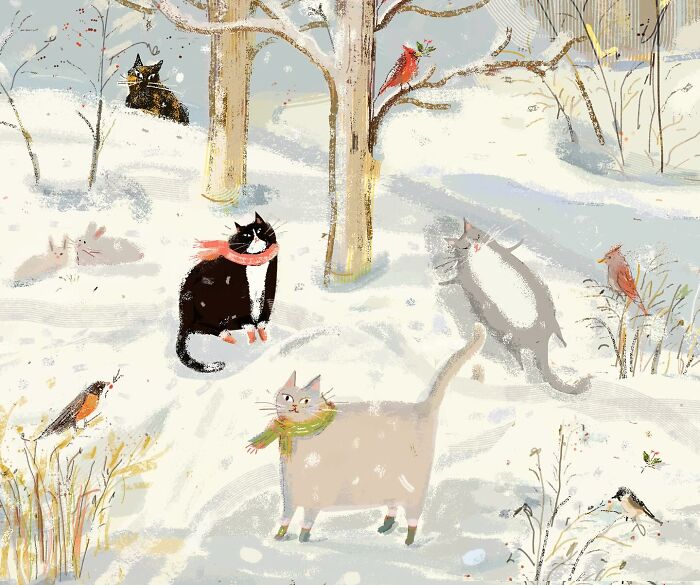 Cozy cat illustration in a snowy landscape by Jamie Shelman, featuring playful felines and birds among trees.