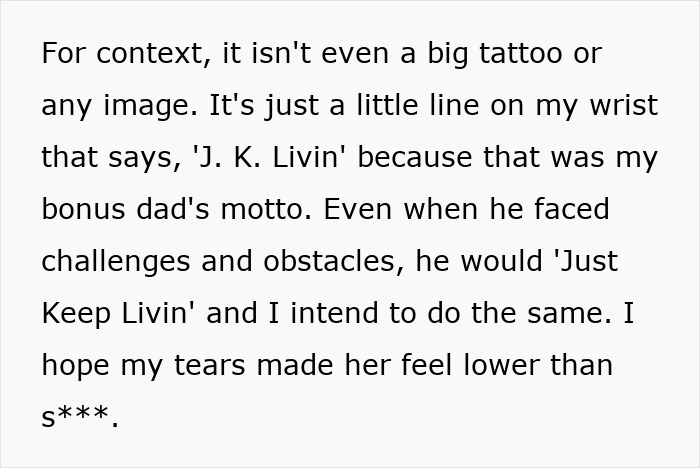 Text about a small wrist tattoo with the motto "J. K. Livin'," referencing challenges and emotional impact.