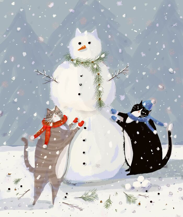 Cozy illustration for cat lovers: two playful cats building a snowcat in a snowy scene.