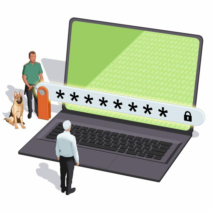 Illustration of a laptop with a password bar and two people discussing digital security, alongside a dog.