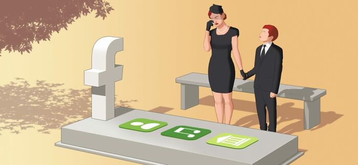 Illustration on political and social topics: two people in black attire by a grave with social media icons.