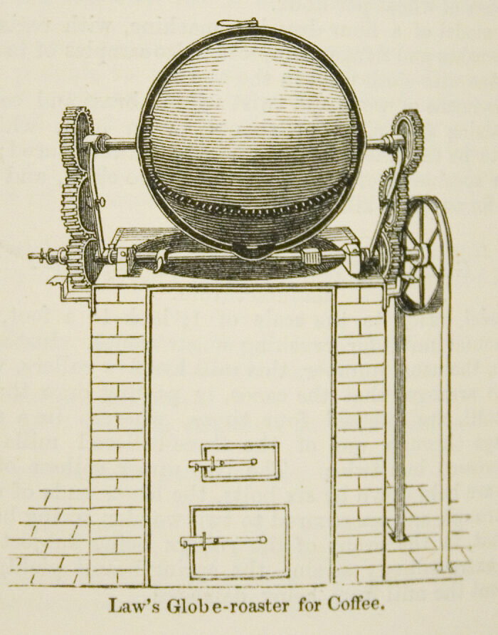 Illustration of Law's coffee globe-roaster, an innovative historical invention featuring gears and a large rotating drum.