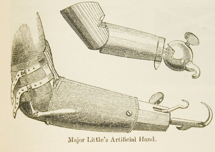 Illustration of Major Little's artificial hand, an innovative historical invention featuring mechanical functions.