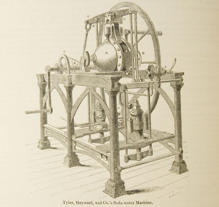 Engraving of an early soda-water machine showing a historical invention ahead of its time.