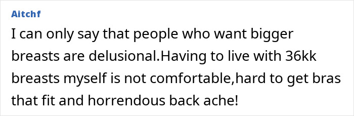 Comment discussing challenges of living with 36KK bust size and associated back pain.