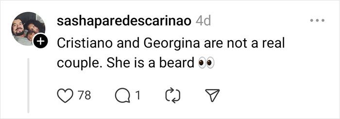 Instagram comment discussing a celebrity rumor about Cristiano and Georgina's relationship status.