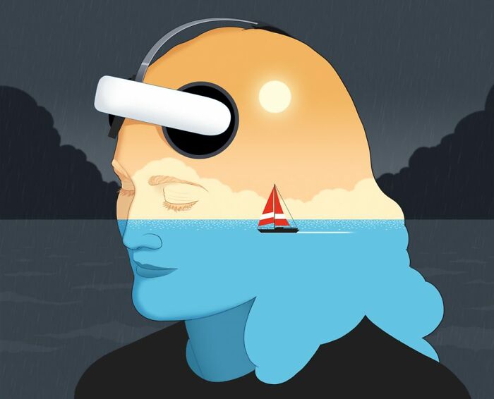 Surreal illustration reflecting political and social themes with a head merging with a sea and sunset.